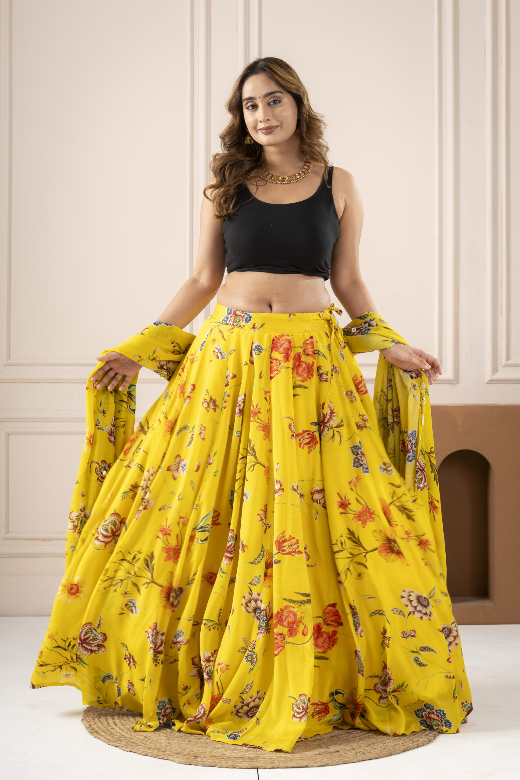 Yellow Flower Lehnga with Dupatta - Image 3