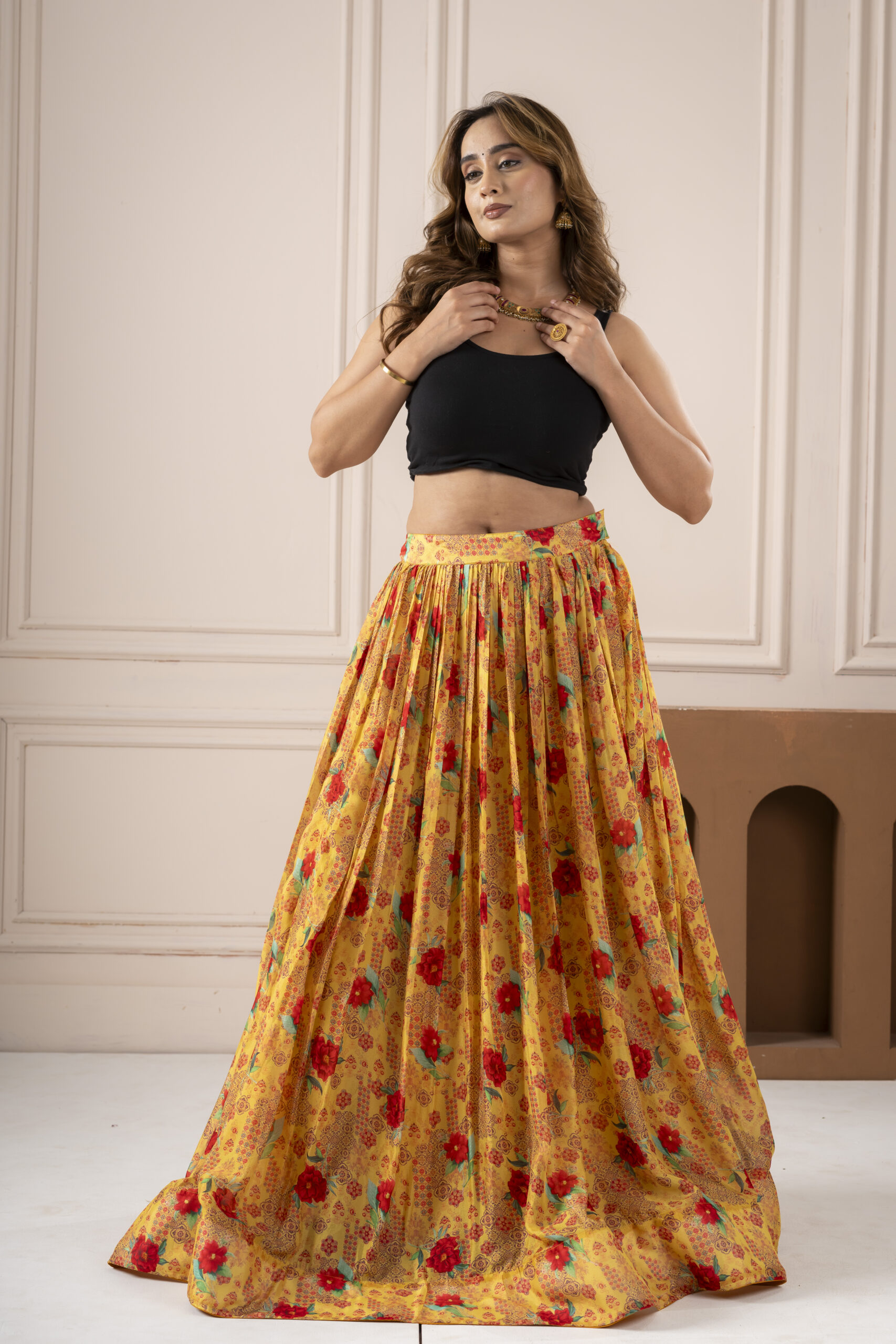 Mustard Base multicoloured Flower Lehnga - Image 3