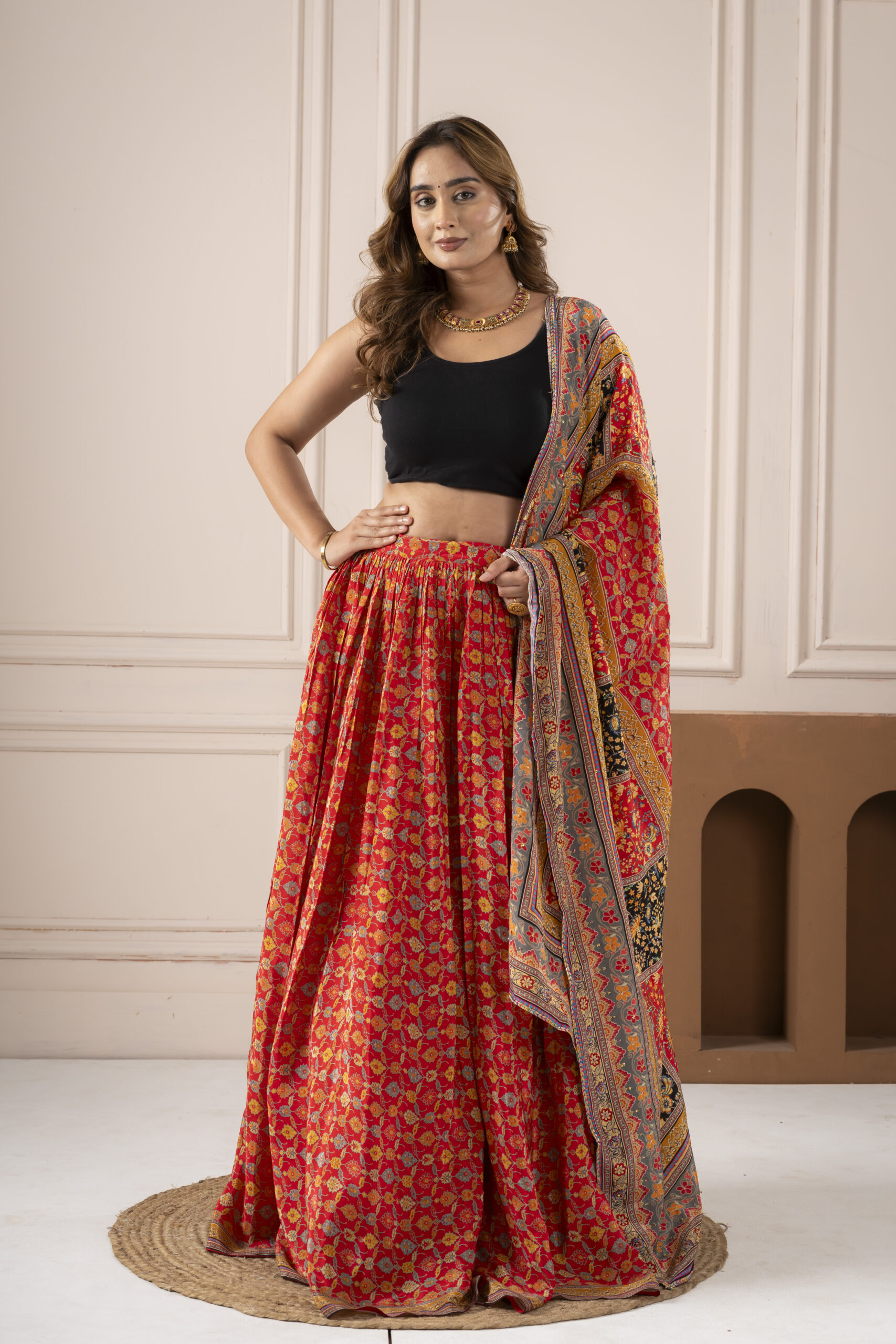 Orange Embellished Flower Lehnga With Dupatta