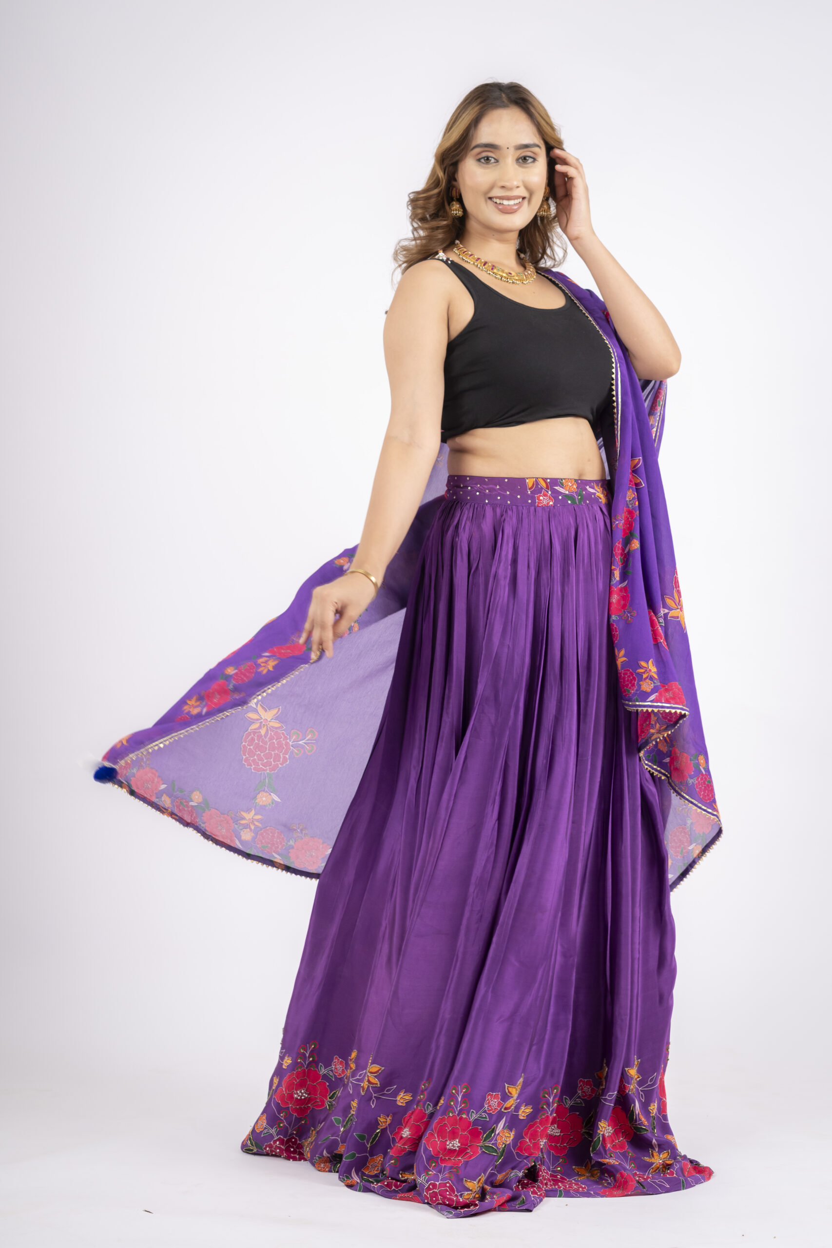 Purple Embellished Flower Lehnga with Dupatta - Image 7