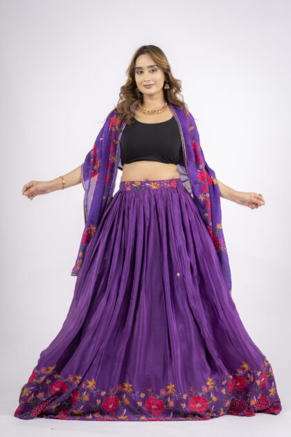Purple Embellished Flower Lehnga with Dupatta