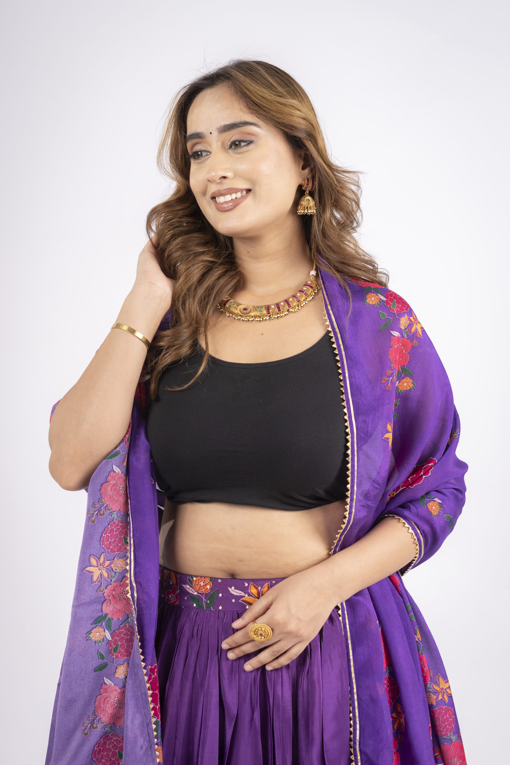 Purple Embellished Flower Lehnga with Dupatta - Image 5