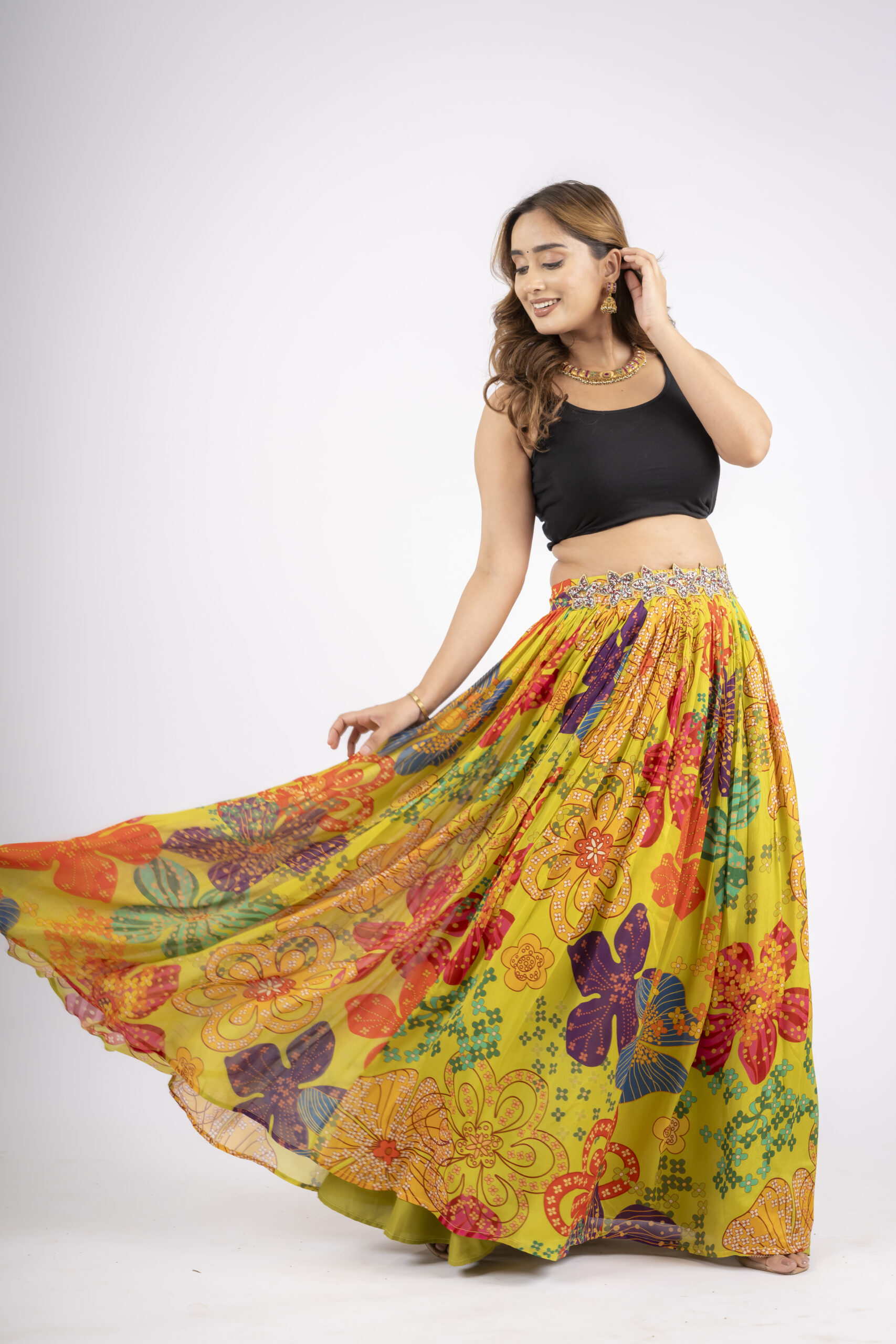 Mustard Green Embellished Flower Print Lehnga