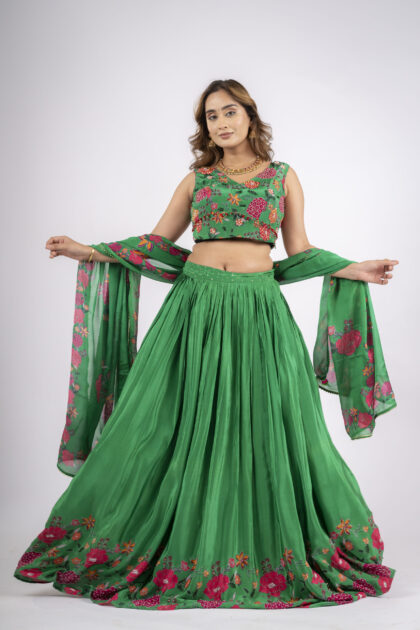 Emrald Green Embellished Flower Lehnga Full Set