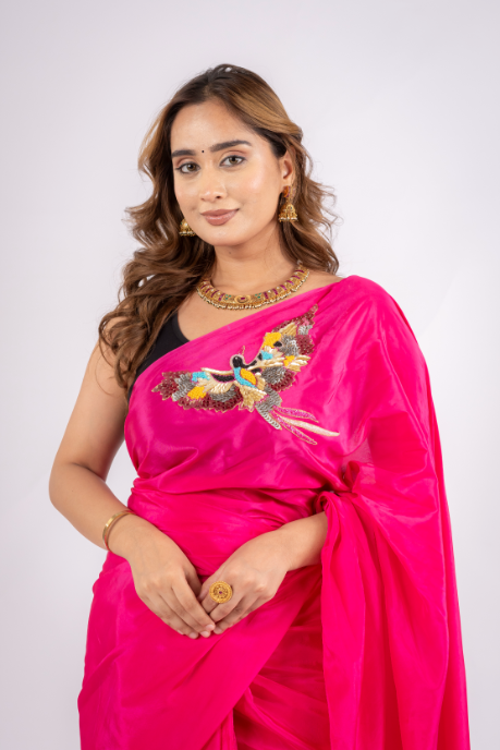 Gulaabi Panchi Pure Natural Crepe Saree